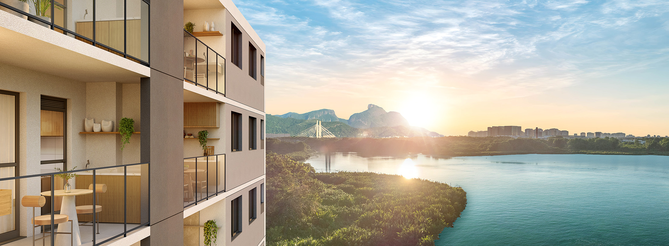 Fachada do Breeze com vista para lagoa e Pedra da Gávea