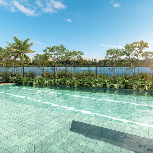 Piscina adulto do Breeze na Barra da Tijuca com estrutura moderna