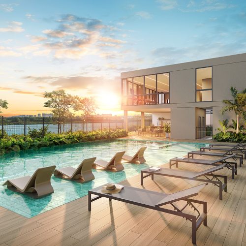 Piscina com deck molhado e solarium no Breeze Barra da Tijuca