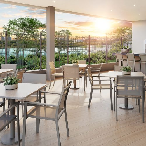 Pool bar do condomínio Breeze na Barra da Tijuca com lazer completo e área de convivência