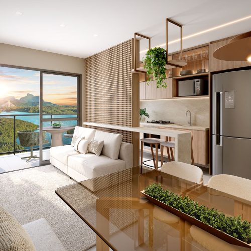 Sala integrada com cozinha no Breeze Barra da Tijuca