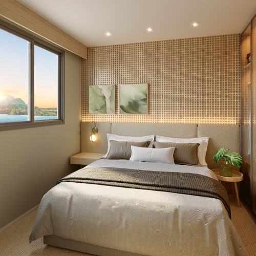 Suíte master do apartamento Breeze Barra da Tijuca